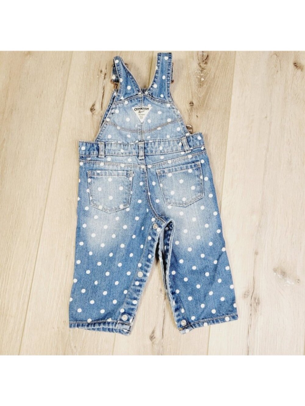 OshKosh Bgosh Baby Girls Polka Dot Denim Overalls Size 9M Adjustable Straps - Picture 4 of 5